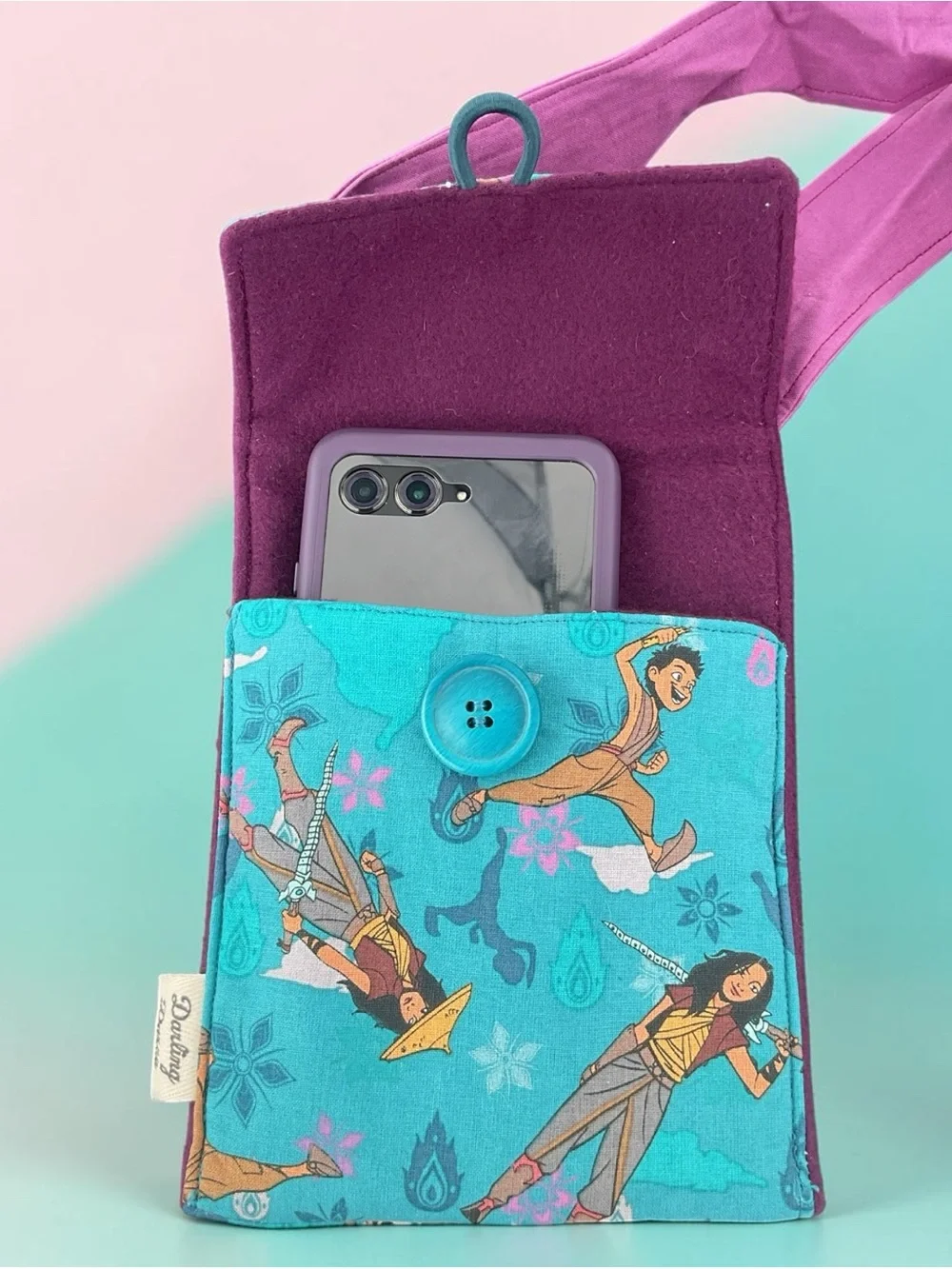 Turquoise Raya and the Last Dragon Printed Crossbody Phone Bag with Lilac Strap